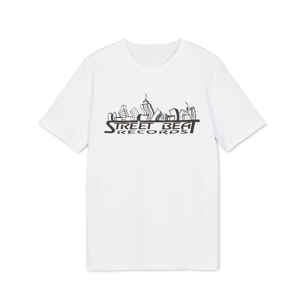 A white short-sleeved t-shirt with a black graphic of a city skyline and Street Beat Records text on the chest.