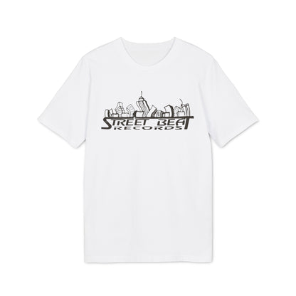 A white short-sleeved t-shirt with a black graphic of a city skyline and Street Beat Records text on the chest.