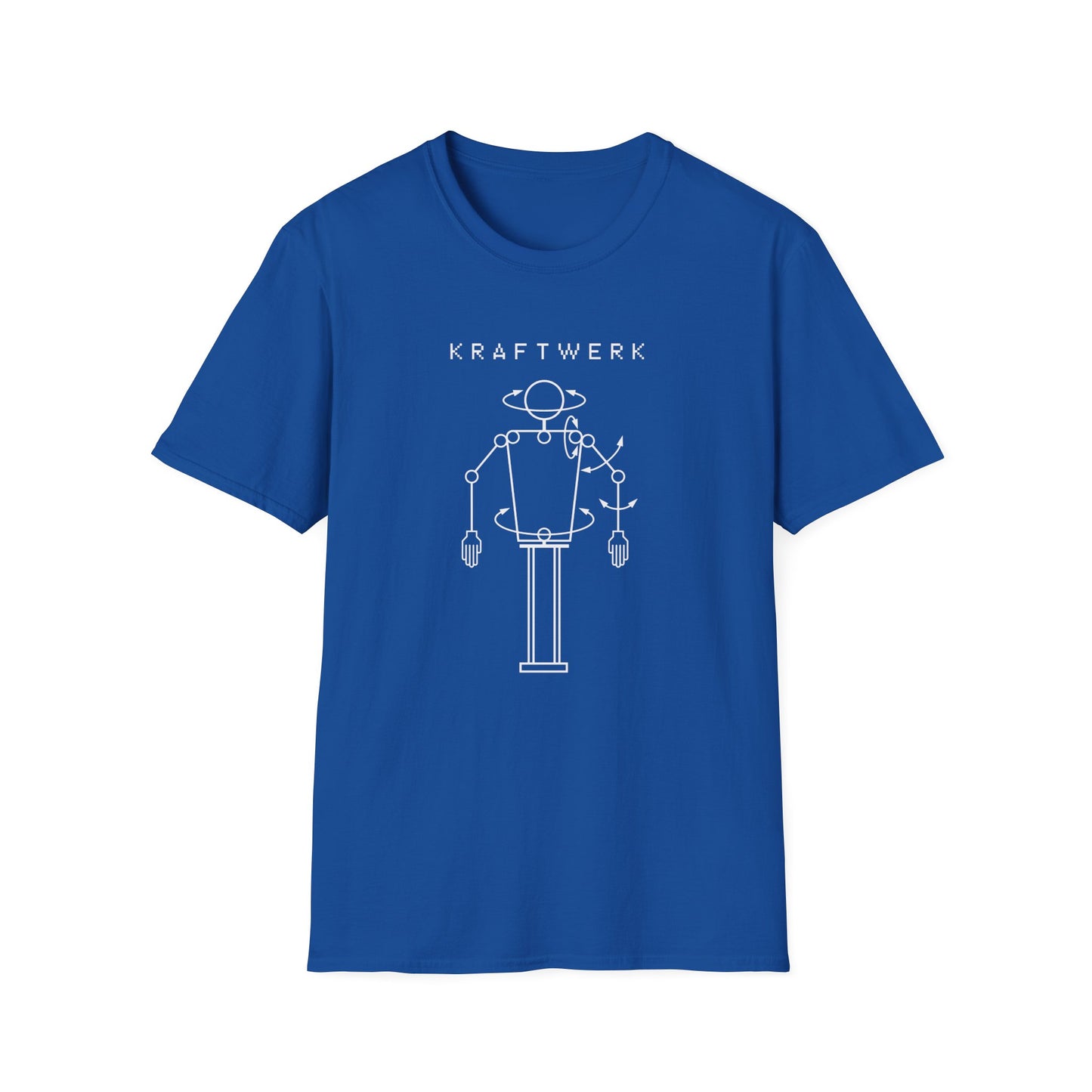 Blue t-shirt with logo and robotic figure graphic.