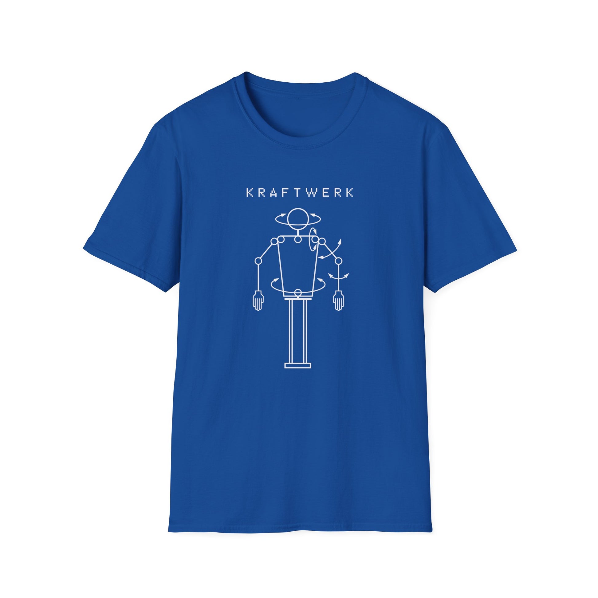 Blue t-shirt with logo and robotic figure graphic.