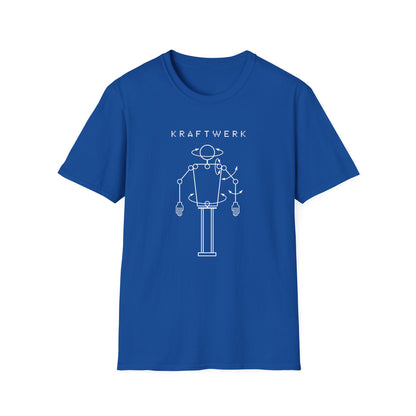 Blue t-shirt with logo and robotic figure graphic.