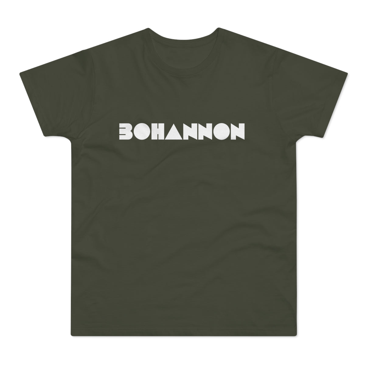 Olive green t-shirt with white geometric text reading "BOHANNON".
