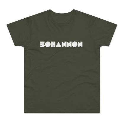 Olive green t-shirt with white geometric text reading "BOHANNON".