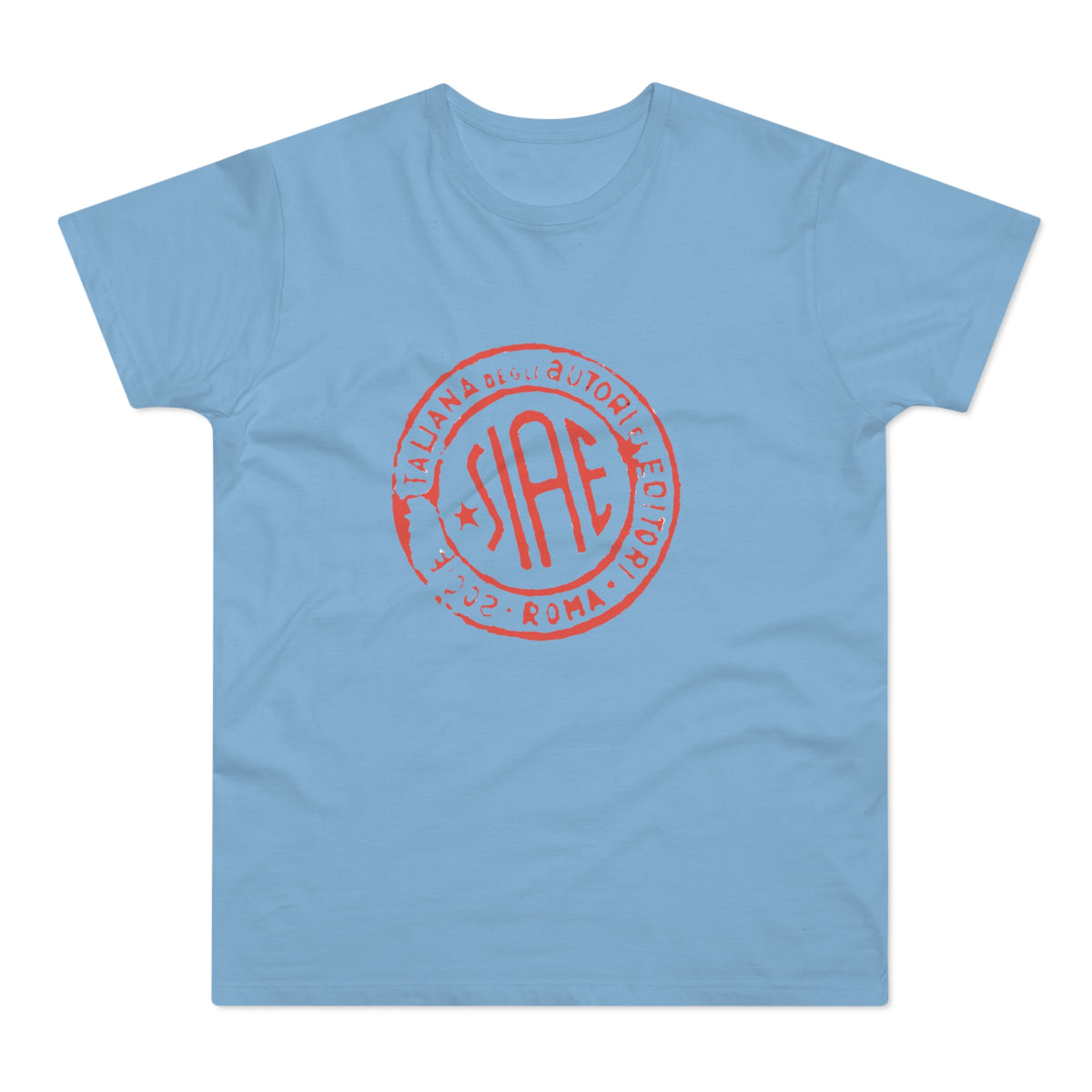 Light blue t-shirt with a red circular SIAE logo and "Roma 2002" text.