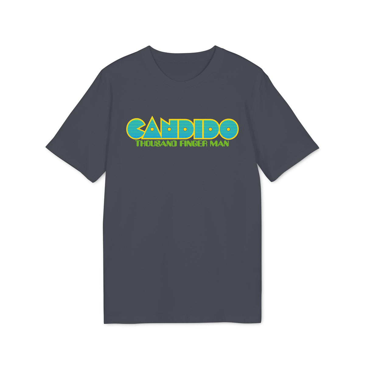 A dark grey crewneck t-shirt featuring the yellow, blue, and green "Candido Thousand Finger Man" graphic on the chest.