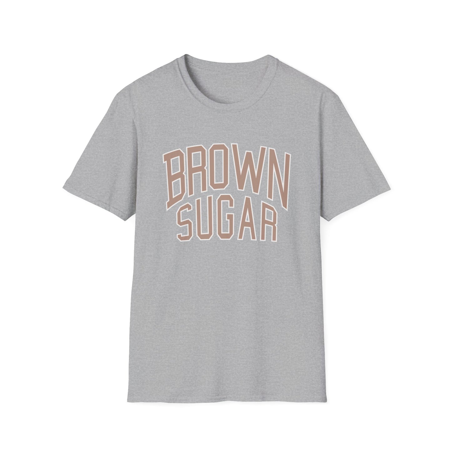 Grey t-shirt with "BROWN SUGAR" text in collegiate style lettering.