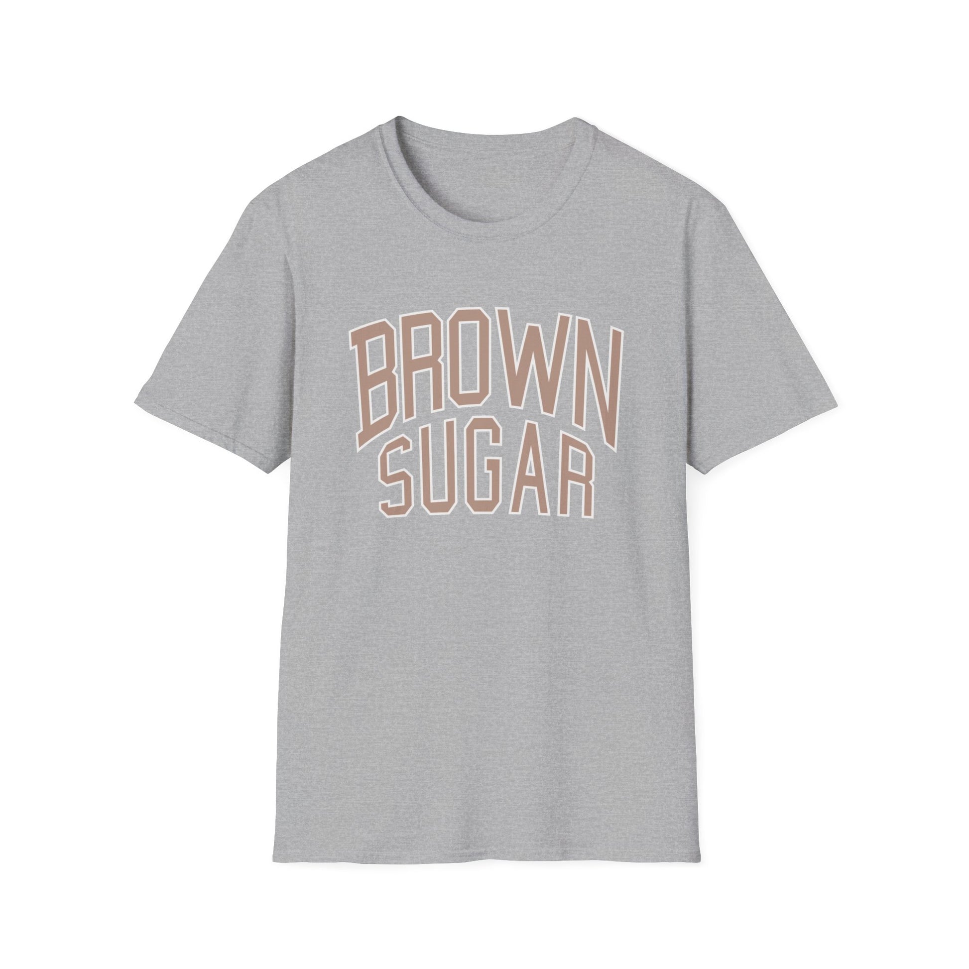 Grey t-shirt with "BROWN SUGAR" text in collegiate style lettering.