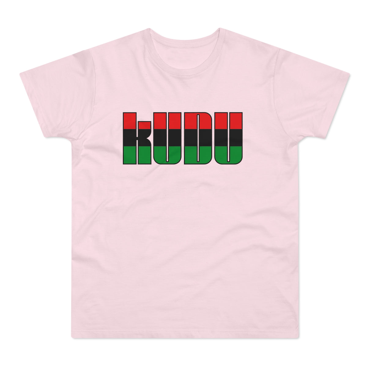 Pink t-shirt with the word "KUDU" in pan-African flag colors.