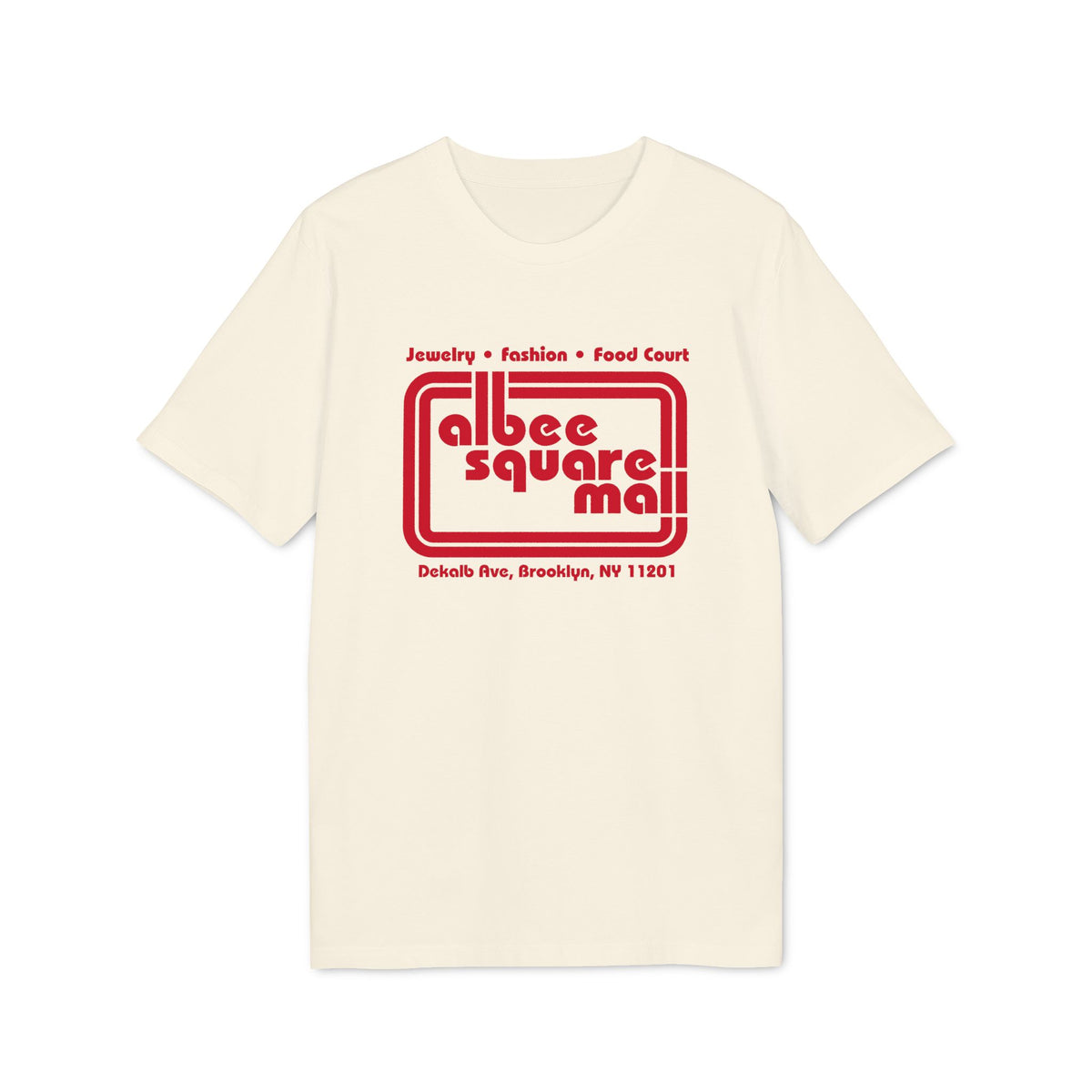 Off-white crewneck t-shirt featuring a red Albee Square Mall logo on the chest.