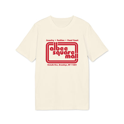 Off-white crewneck t-shirt featuring a red Albee Square Mall logo on the chest.