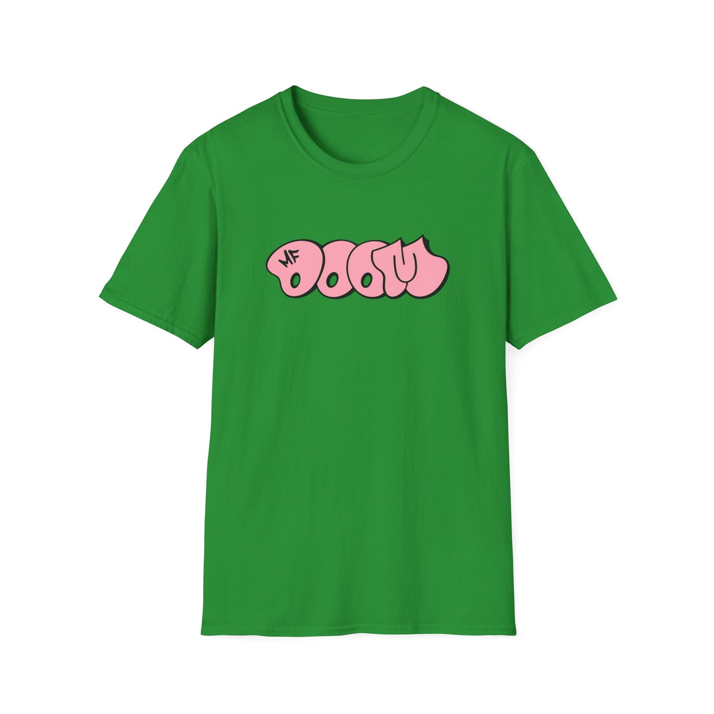 Green t-shirt with pink graffiti-style text that says "OGMU" and "MF".