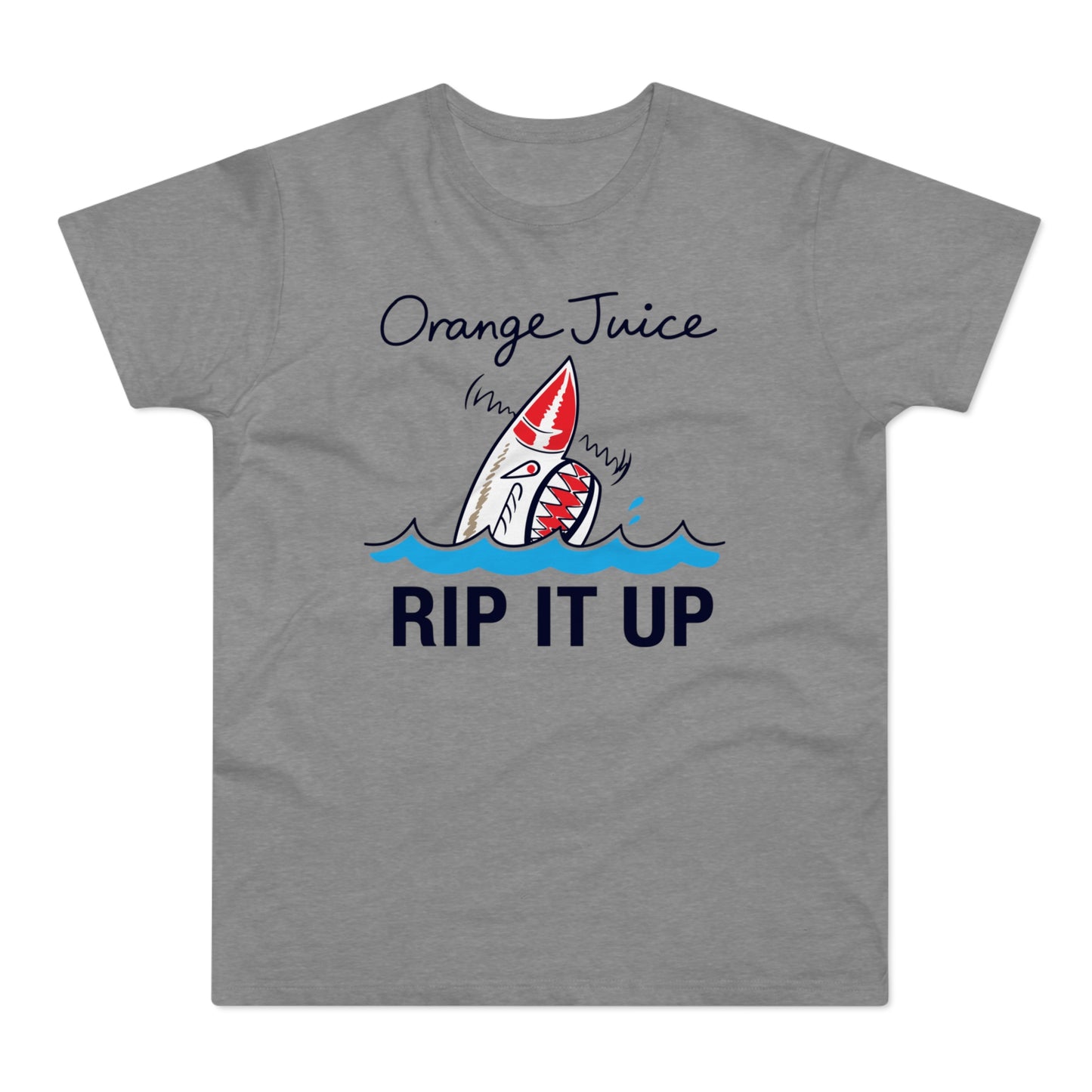 Grey t-shirt with "Orange Juice" and "RIP IT UP" text and a shark decal.