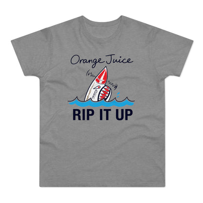 Grey t-shirt with "Orange Juice" and "RIP IT UP" text and a shark decal.
