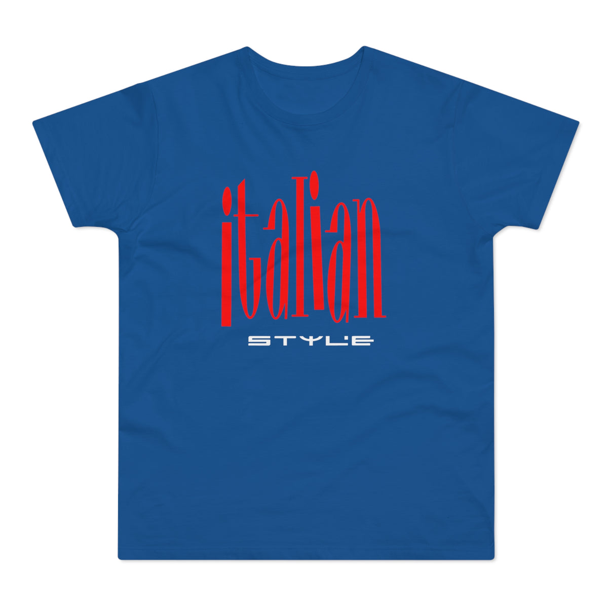 Blue t-shirt with red "italian" text and white "STYLE" text.