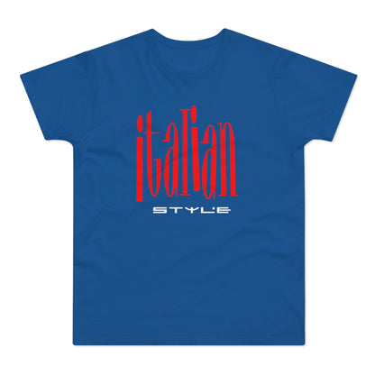 Blue t-shirt with red "italian" text and white "STYLE" text.