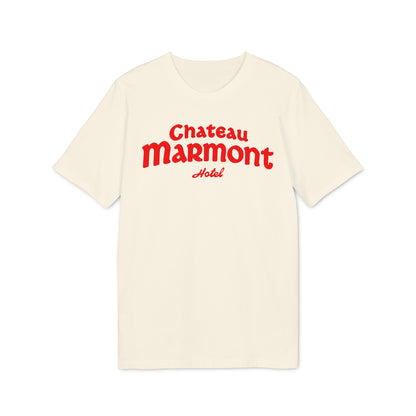Cream t-shirt with red "Chateau Marmont Hotel" text