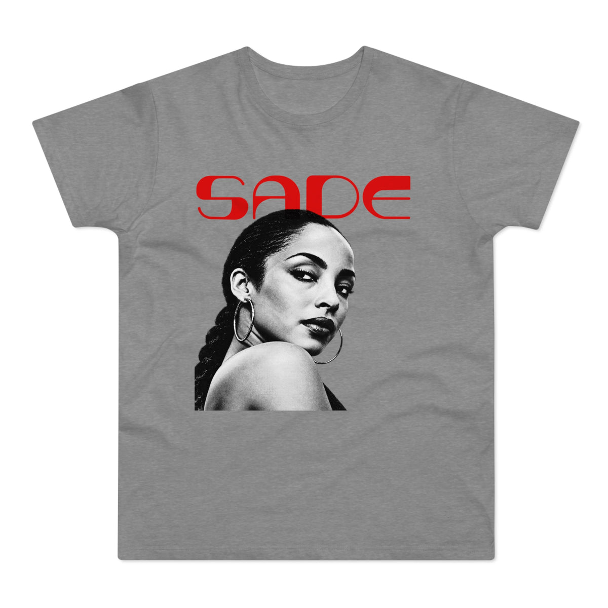 Sade album cover portrait with red SADE text on a gray t-shirt.