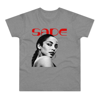 Sade album cover portrait with red SADE text on a gray t-shirt.