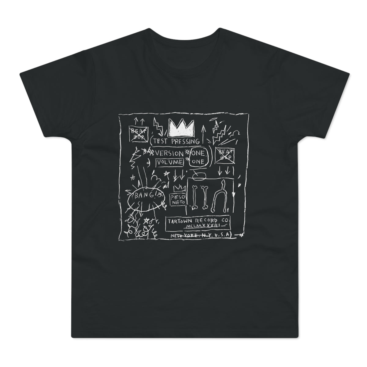 Black t-shirt with white text and drawings, including a crown, bones, and "Test Pressing."