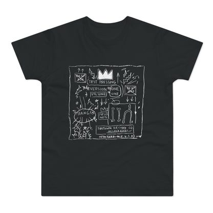 Black t-shirt with white text and drawings, including a crown, bones, and "Test Pressing."