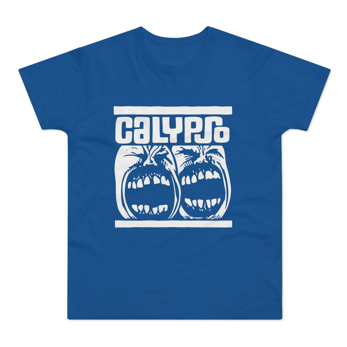 Blue t-shirt with white text "CALYPSO" above two screaming faces.
