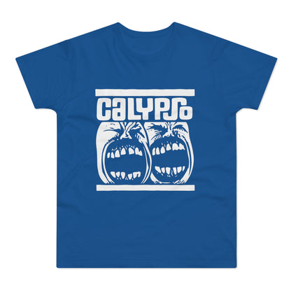 Blue t-shirt with white text "CALYPSO" above two screaming faces.