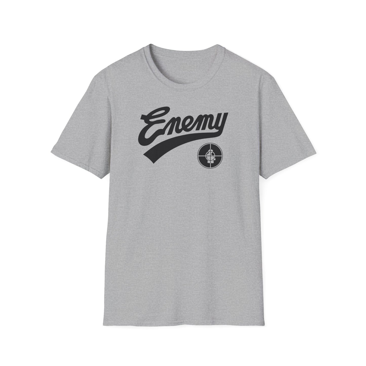 Grey t-shirt with black "Enemy" text and a circular target logo.