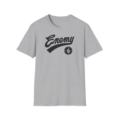 Grey t-shirt with black "Enemy" text and a circular target logo.