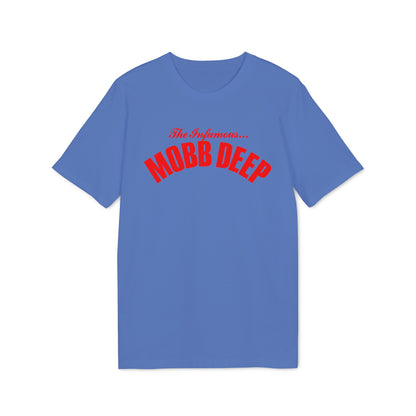 A blue short-sleeved t-shirt featuring the red text The Infamous Mobb Deep on the chest.
