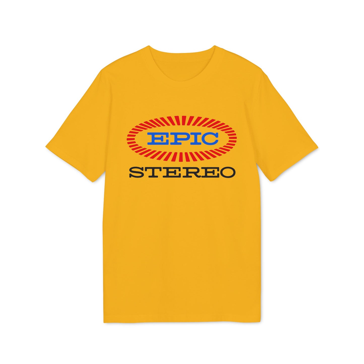 Yellow t-shirt with "EPIC" in blue inside an oval and "STEREO" below.