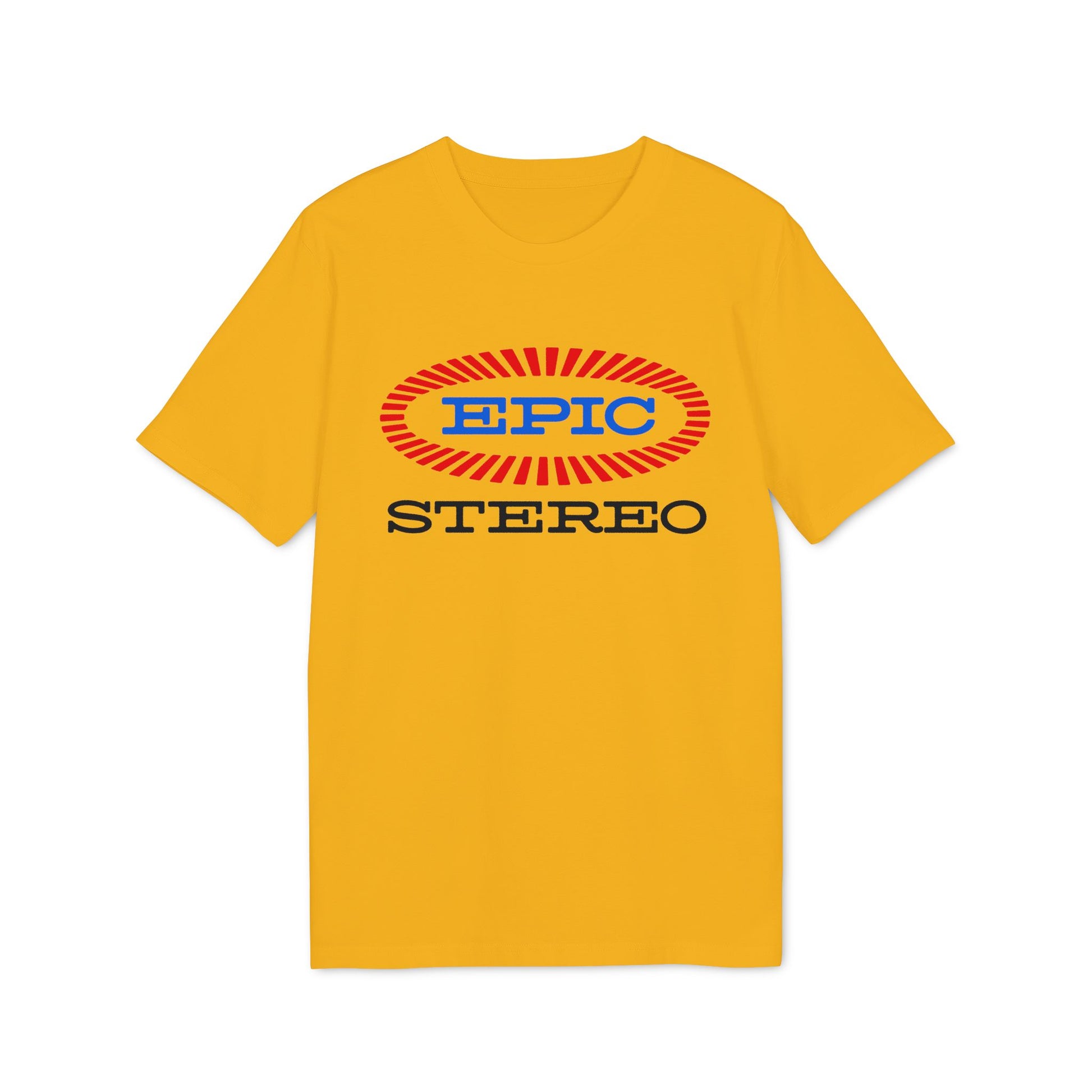Yellow t-shirt with "EPIC" in blue inside an oval and "STEREO" below.