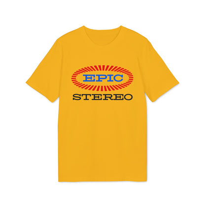 Yellow t-shirt with "EPIC" in blue inside an oval and "STEREO" below.