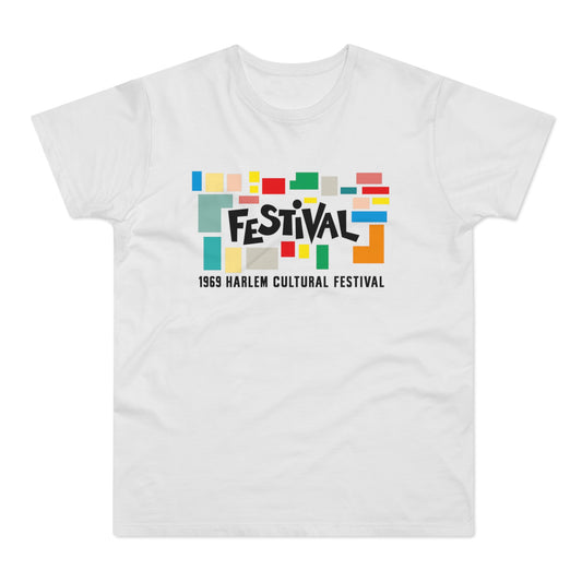 White t-shirt with "FESTIVAL" in black over colorful blocks and "1969 HARLEM CULTURAL FESTIVAL" below.