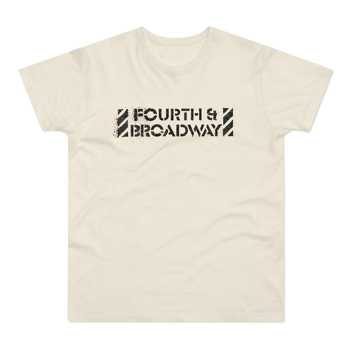 Cream t-shirt with distressed black text "FOURTH & BROADWAY".