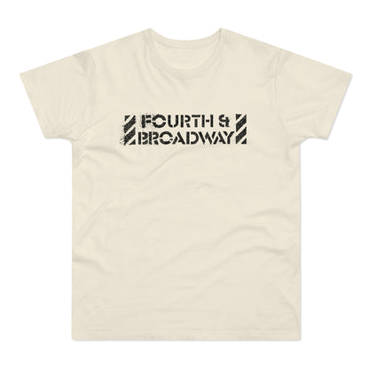 Cream t-shirt with distressed black text "FOURTH & BROADWAY".