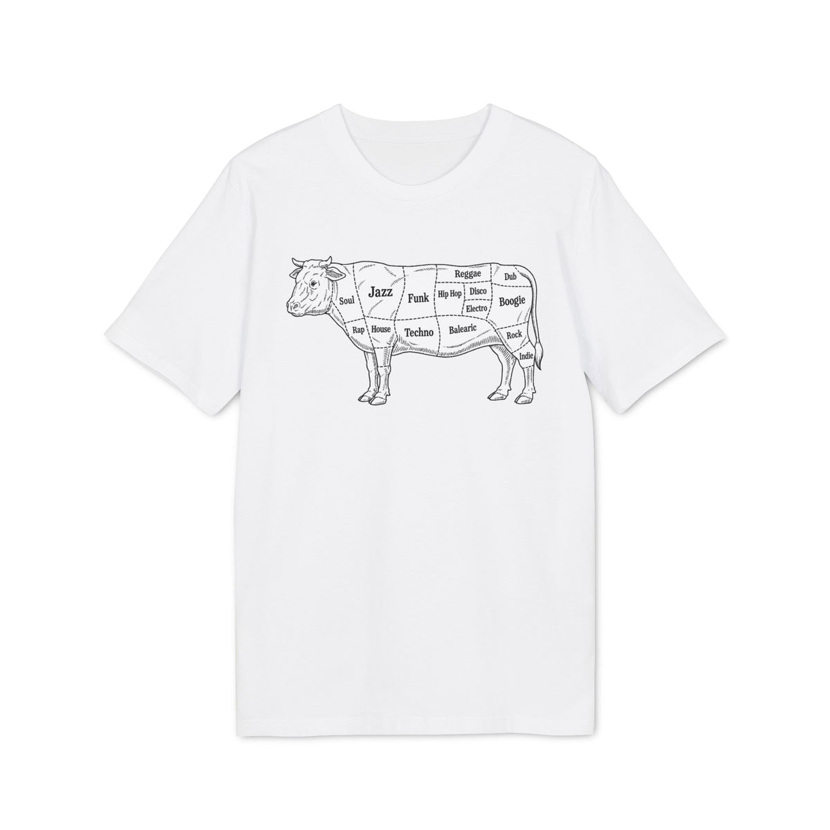 A white t-shirt featuring a black graphic of a cow diagram labeled with music genres.