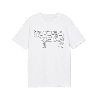 A white t-shirt featuring a black graphic of a cow diagram labeled with music genres.