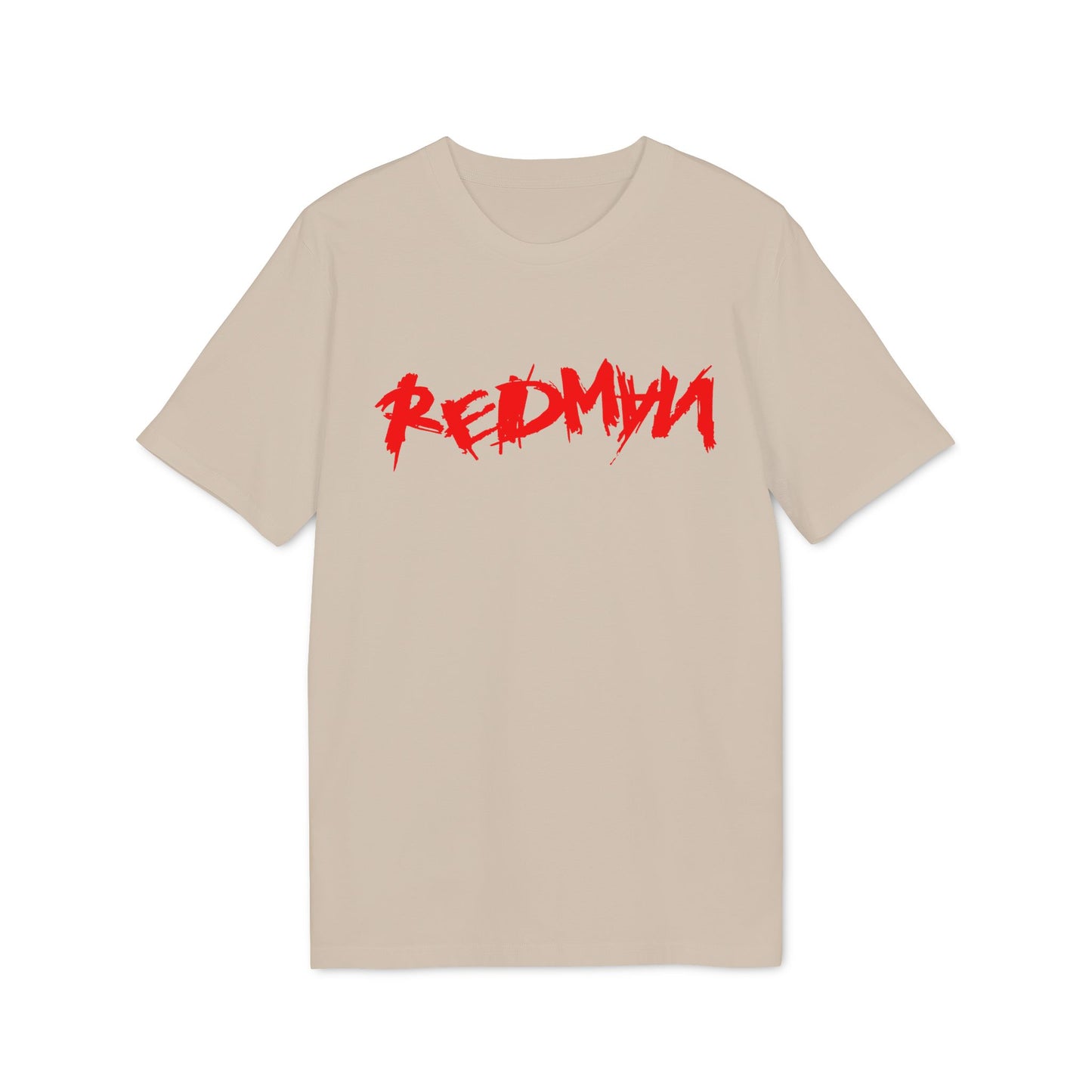 Light tan t-shirt with red "REDMAN" text graphic.