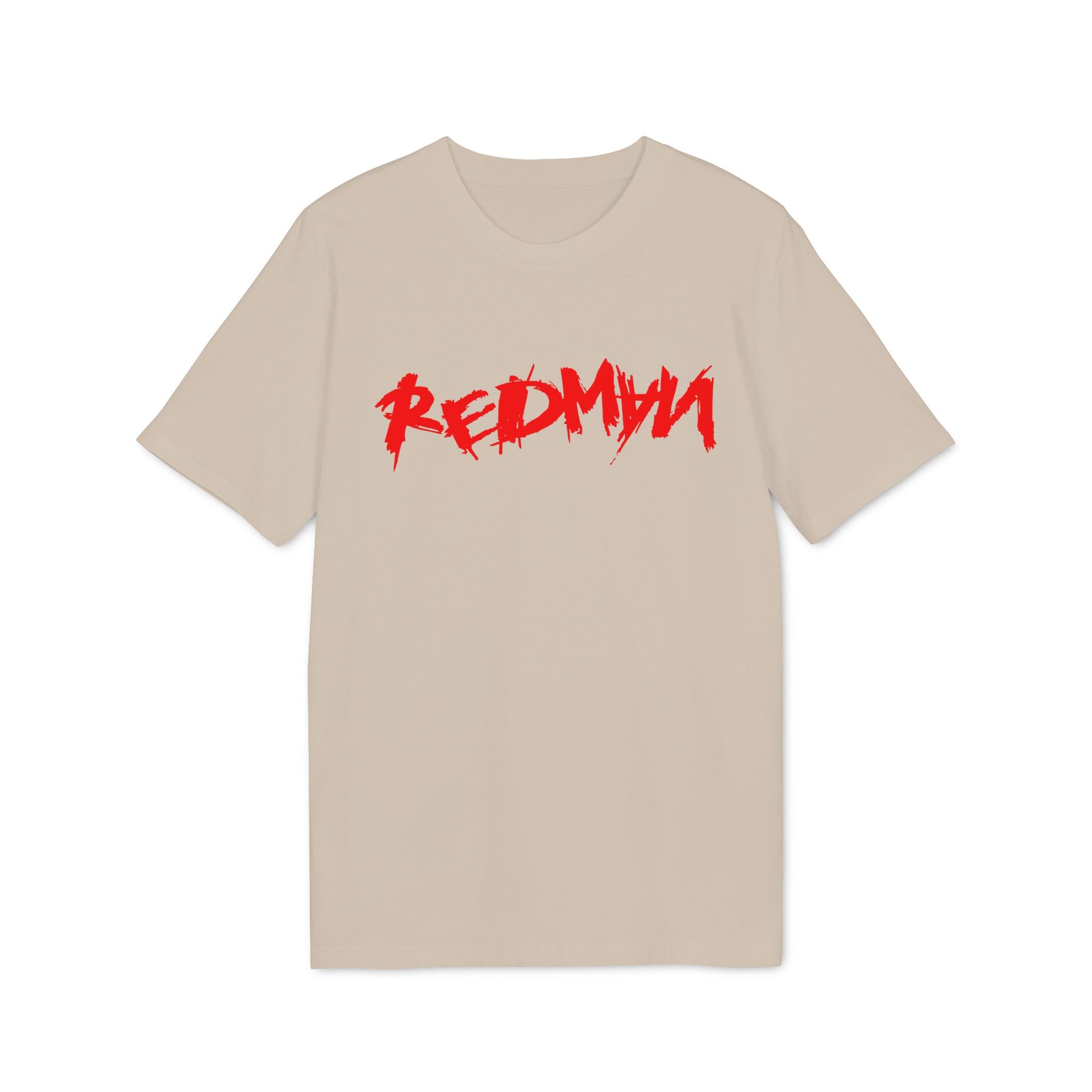 Light tan t-shirt with red "REDMAN" text graphic.