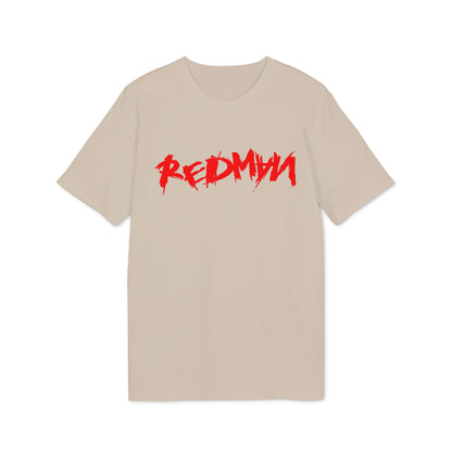 Light tan t-shirt with red "REDMAN" text graphic.