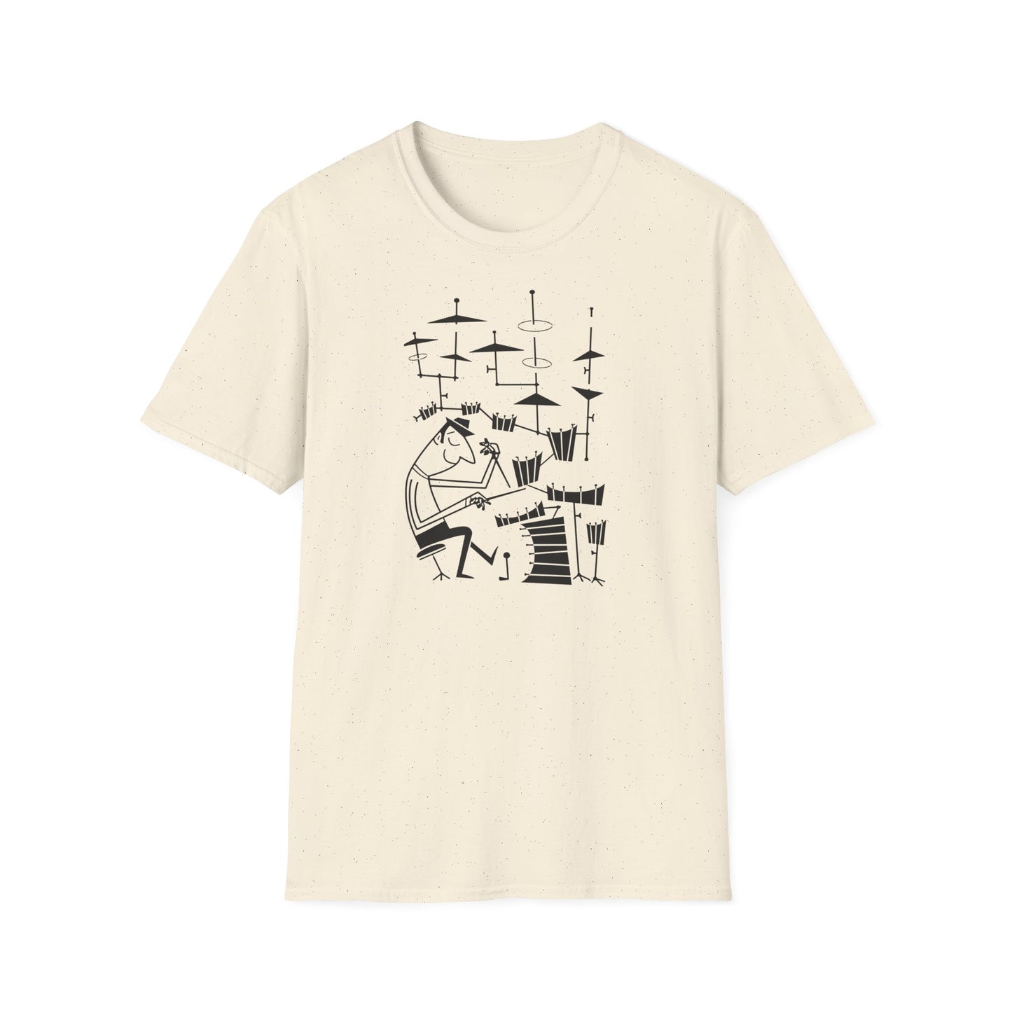 Cream t-shirt with black line art of a person playing drums and cymbals.