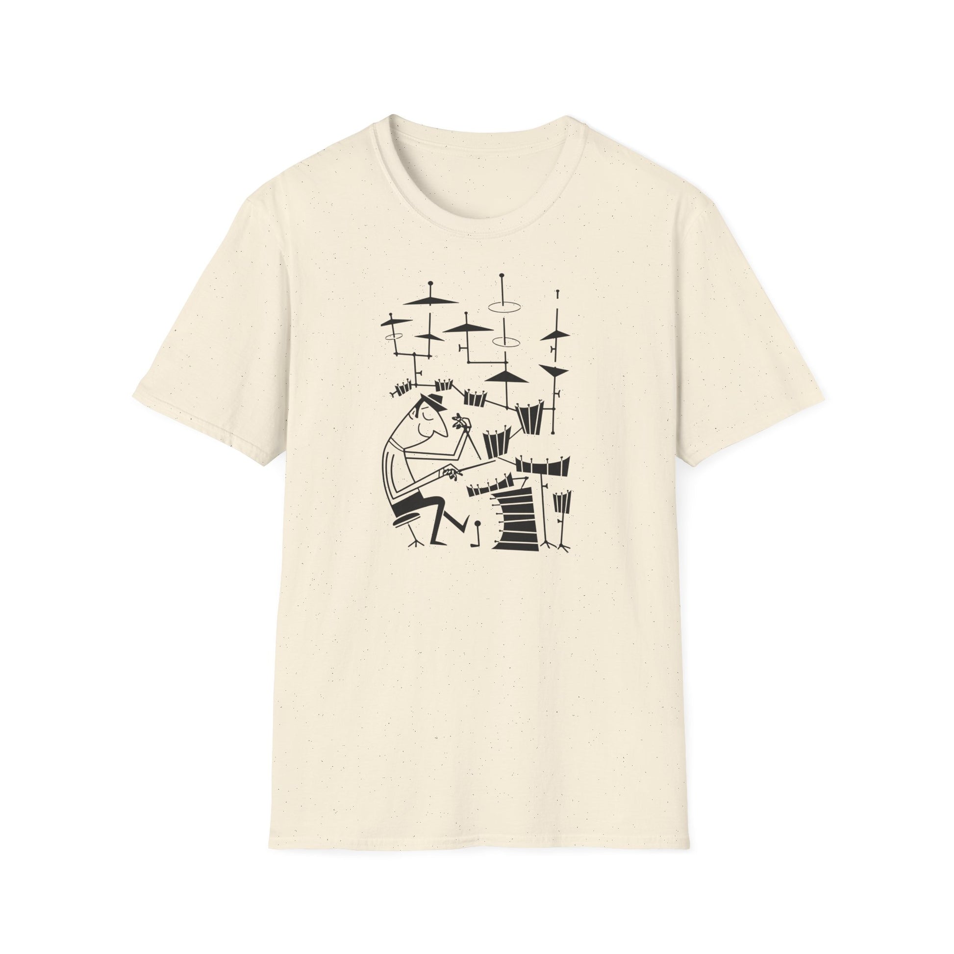 Cream t-shirt with black line art of a person playing drums and cymbals.