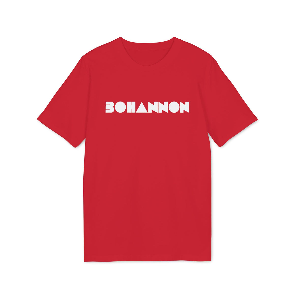 A red crewneck t-shirt featuring the white geometric text BOHANNON centered across the chest.