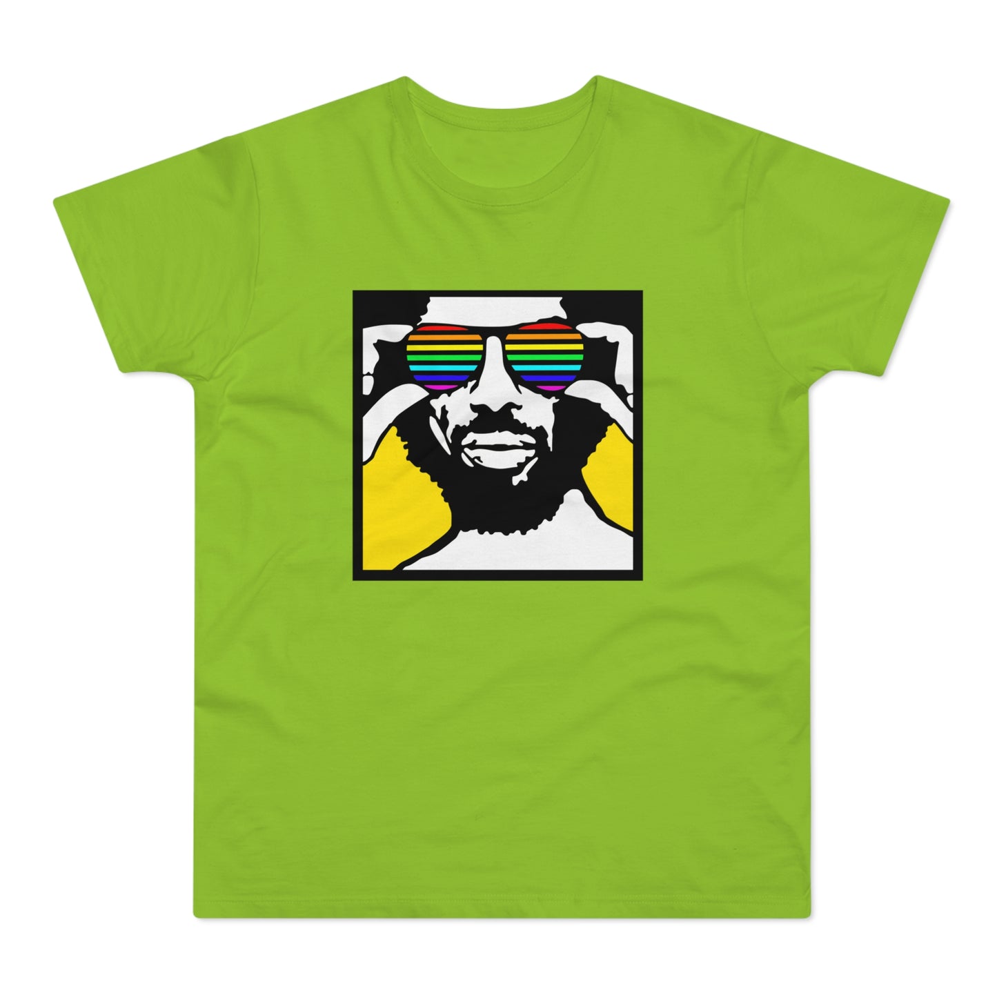 Graphic tee with black and white portrait wearing rainbow sunglasses on a yellow background.
