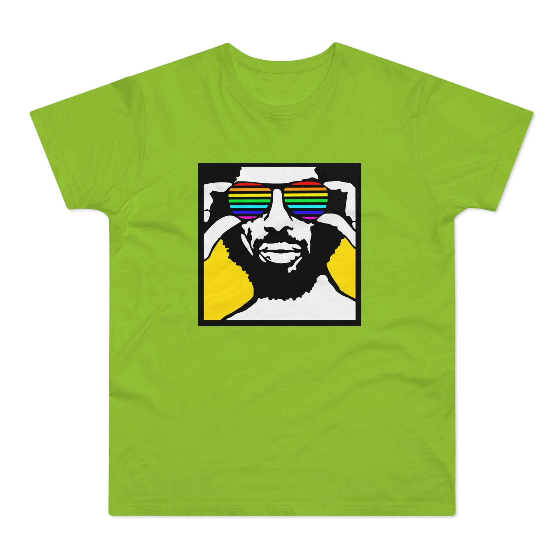 Graphic tee with black and white portrait wearing rainbow sunglasses on a yellow background.