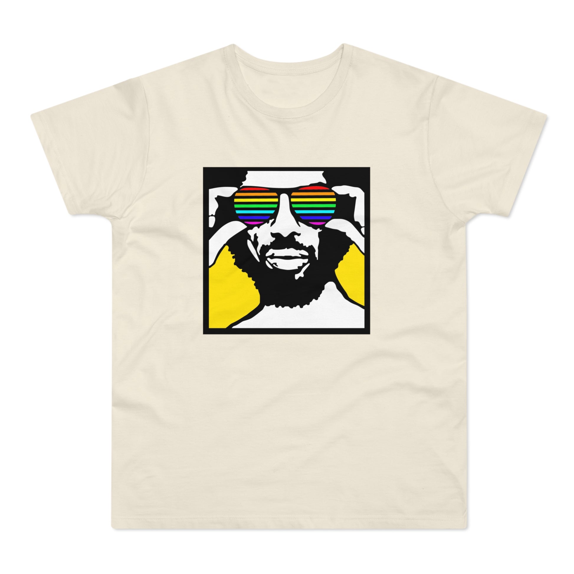 Man wearing rainbow-striped sunglasses on a cream t-shirt with a graphic.