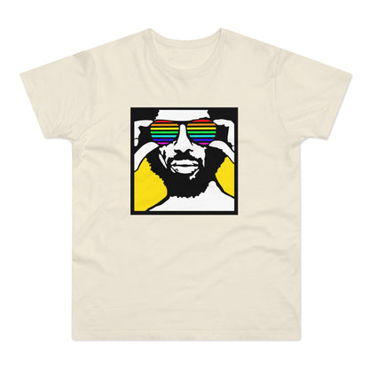 Man wearing rainbow-striped sunglasses on a cream t-shirt with a graphic.