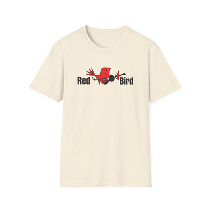 Cream t-shirt with red bird and "Red Bird" text graphic.