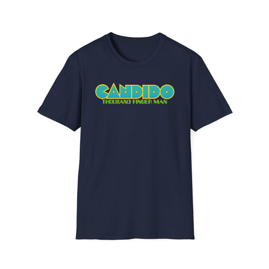 Navy t-shirt with "CANDIDO THOUSAND FINGER MAN" text graphic in blue and yellow.