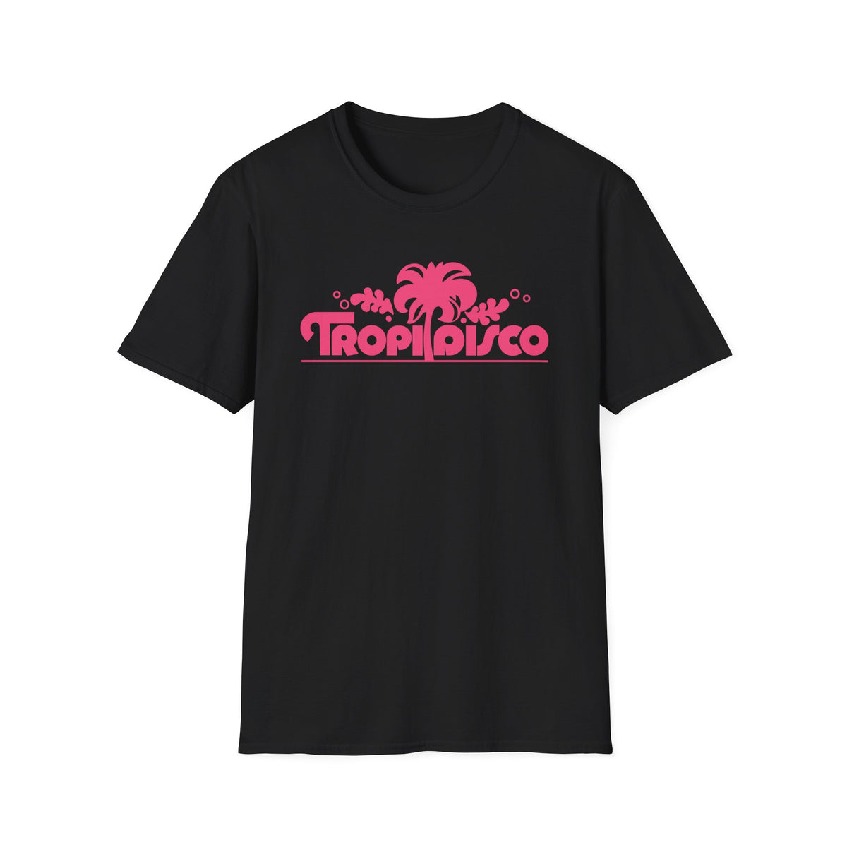 Black t-shirt with hot pink "Tropi Disco" text and palm tree graphic.